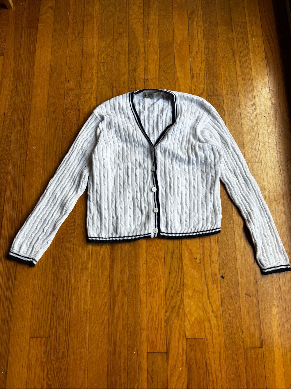 Marsh Landing White Cable Knit Cardigan with Navy Trim